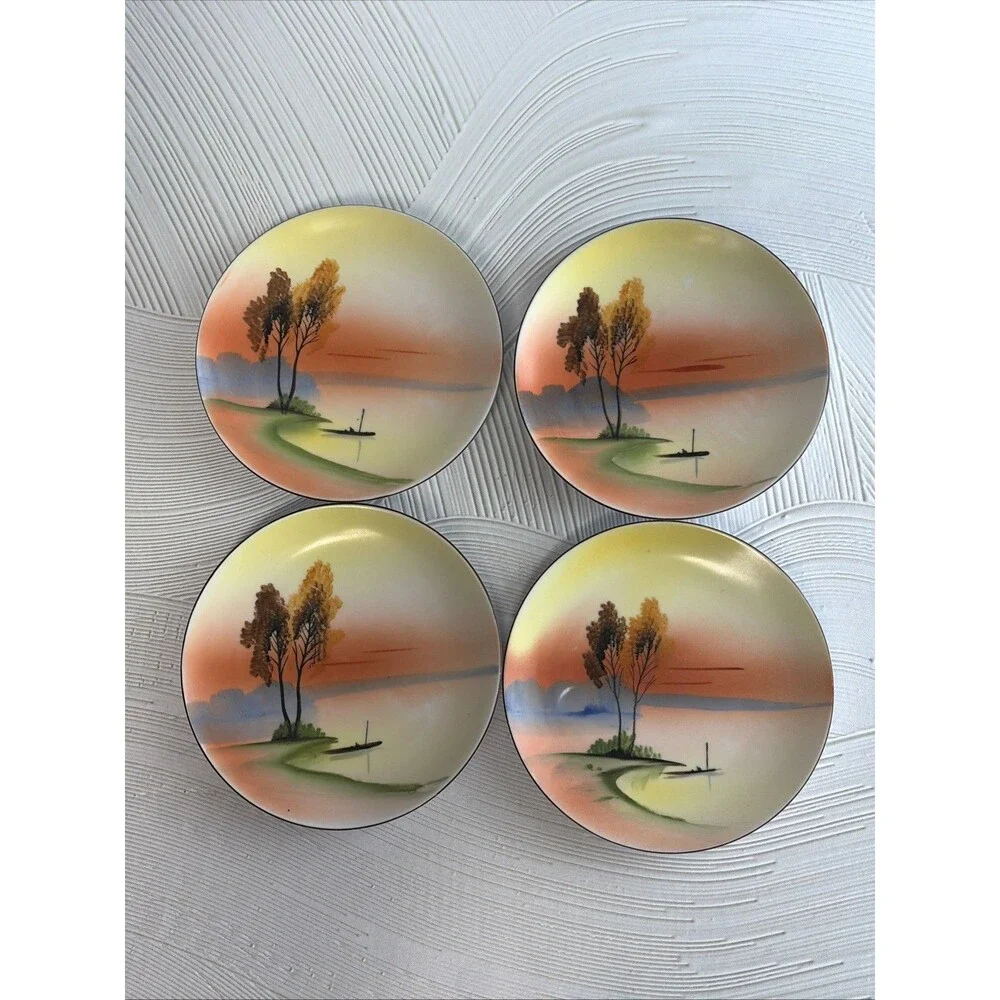 Antique Noritake Hand Painted 6.5” Plates Set of 4 Scenic Sunset M Wreath Mark